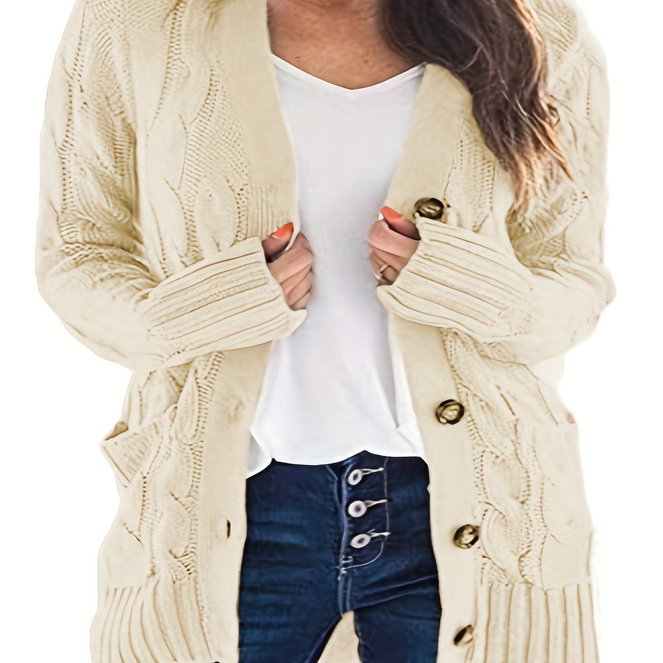 Solid Color Jacquard Button Long Sleeve Cardigan