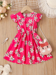 Girls Ruffle Trim Flowers Graphic Princess Dress For Party Beach Vacation
