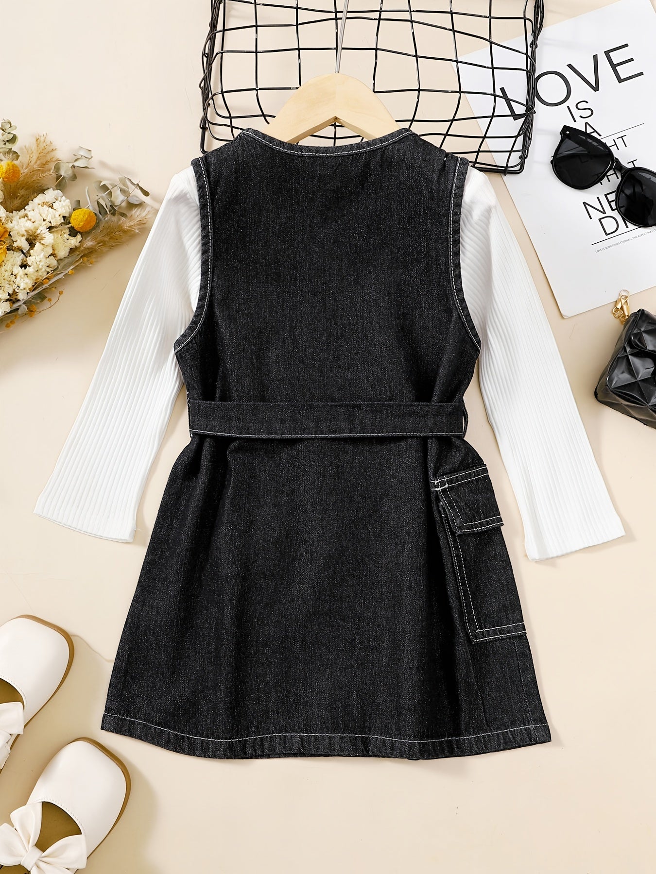 Girls Cotton Long Sleeve Top & Denim Dress With Belt