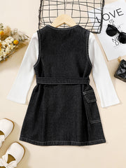 Girls Cotton Long Sleeve Top & Denim Dress With Belt