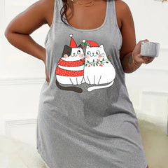 Christmas Nightdress Women's Plus Christmas Cat Print Racer Back
