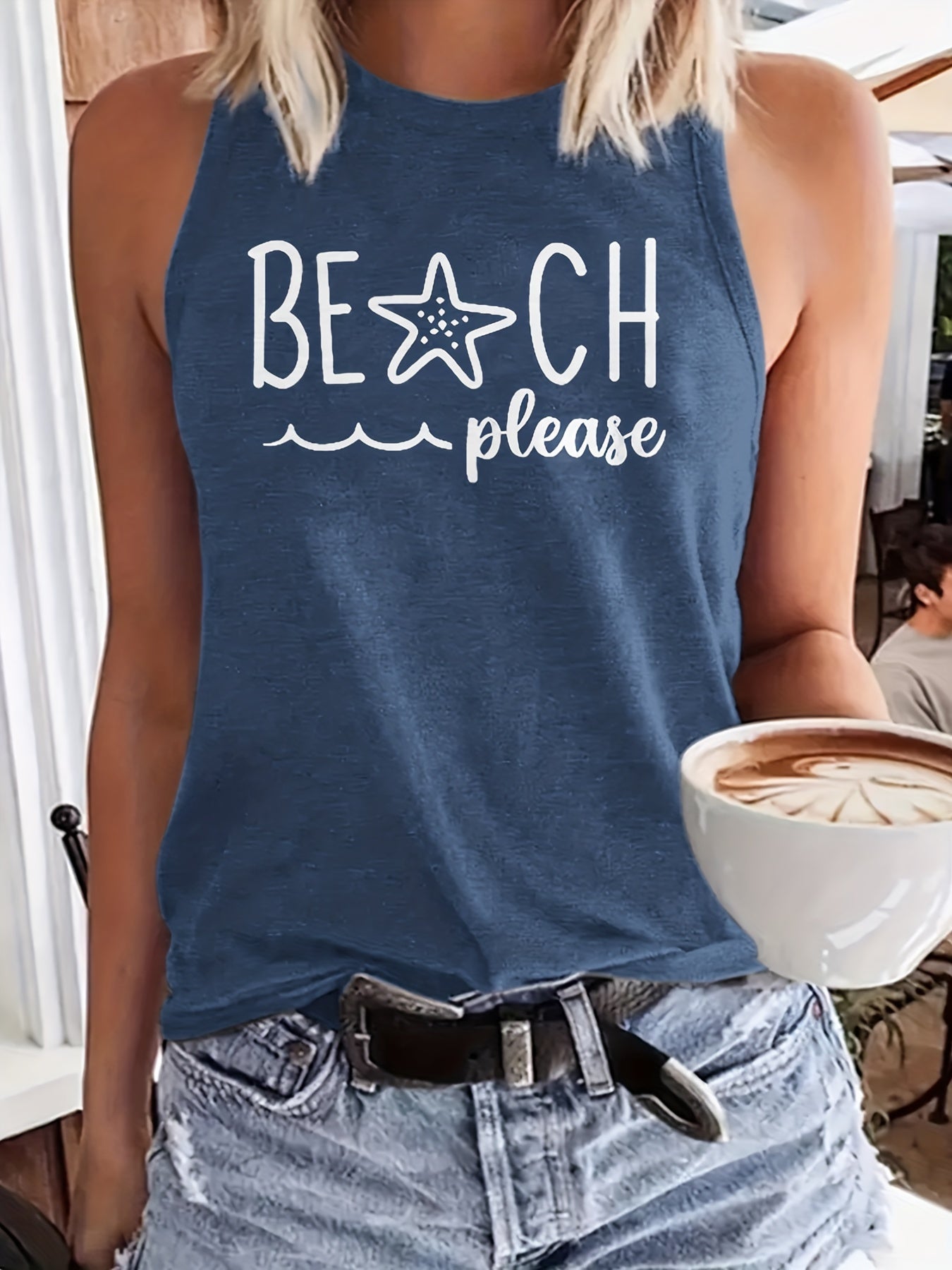 Beach Letter Print Tank Top Women's Crew Neck Casual Tee