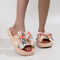 Floral Print Bowknot Slides Soft Sole Lightweight Summer Beach Shoes