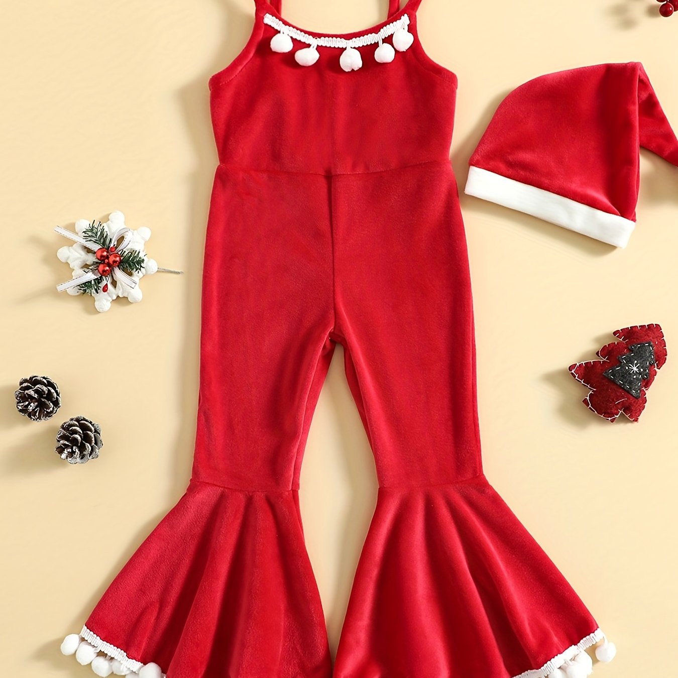 2pcs Girls' Christmas Jumpsuit Sleeveless Flannel Romper Set