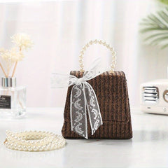 Straw Crossbody Bag with Faux Pearl Handle for Women