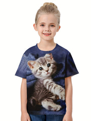 3D Cat Graphic Short Sleeve T-shirt Breathable Pullover Tops