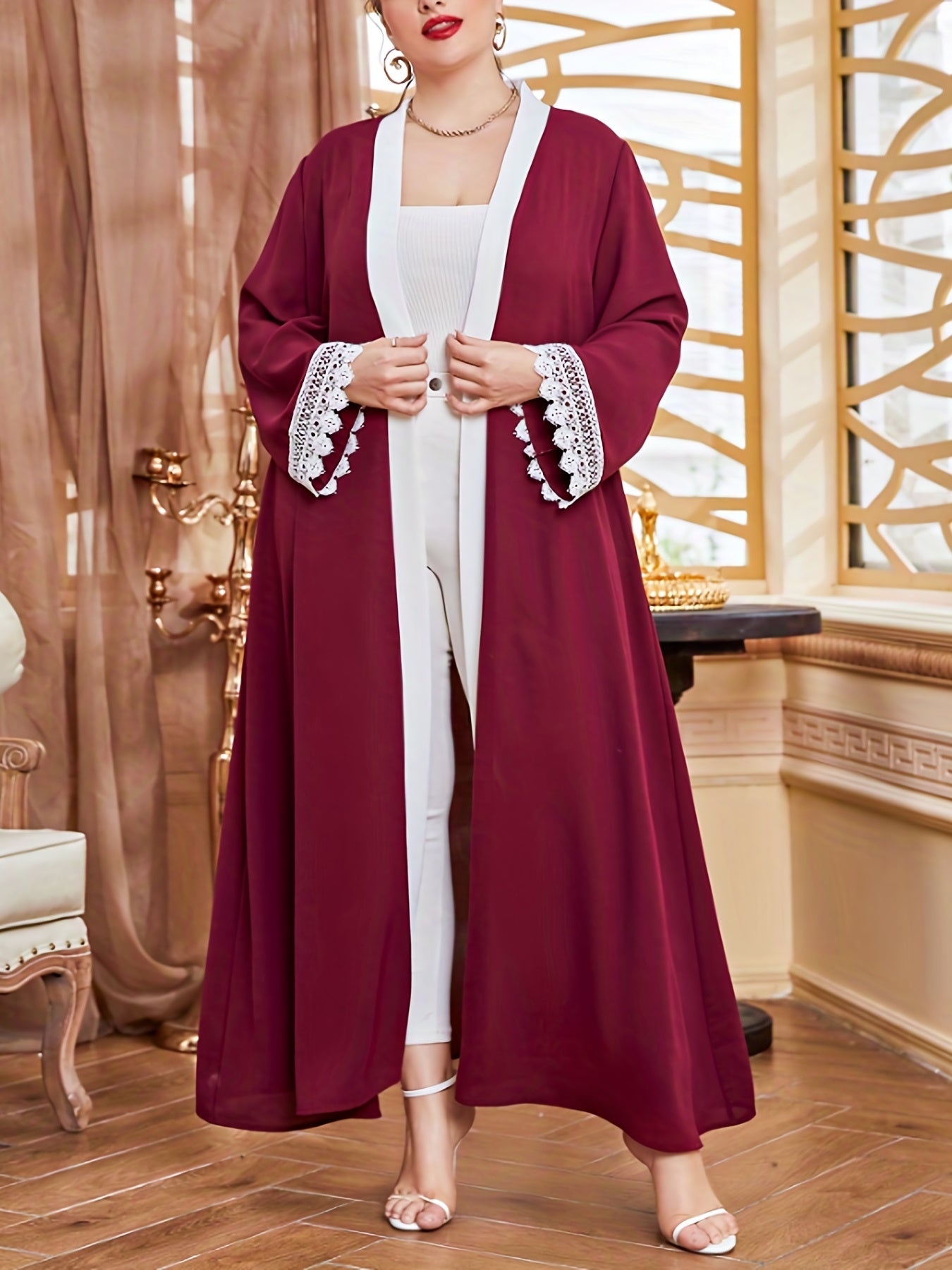 Boho Abaya Robe Plus Contrast Lace Long Sleeve Open Front Robe Arabian Dress