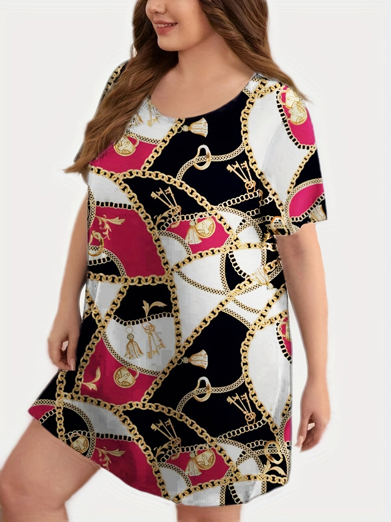 Colorblock Chain Print Round Neck Sleep Dress
