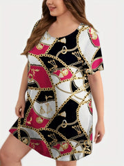 Colorblock Chain Print Round Neck Sleep Dress