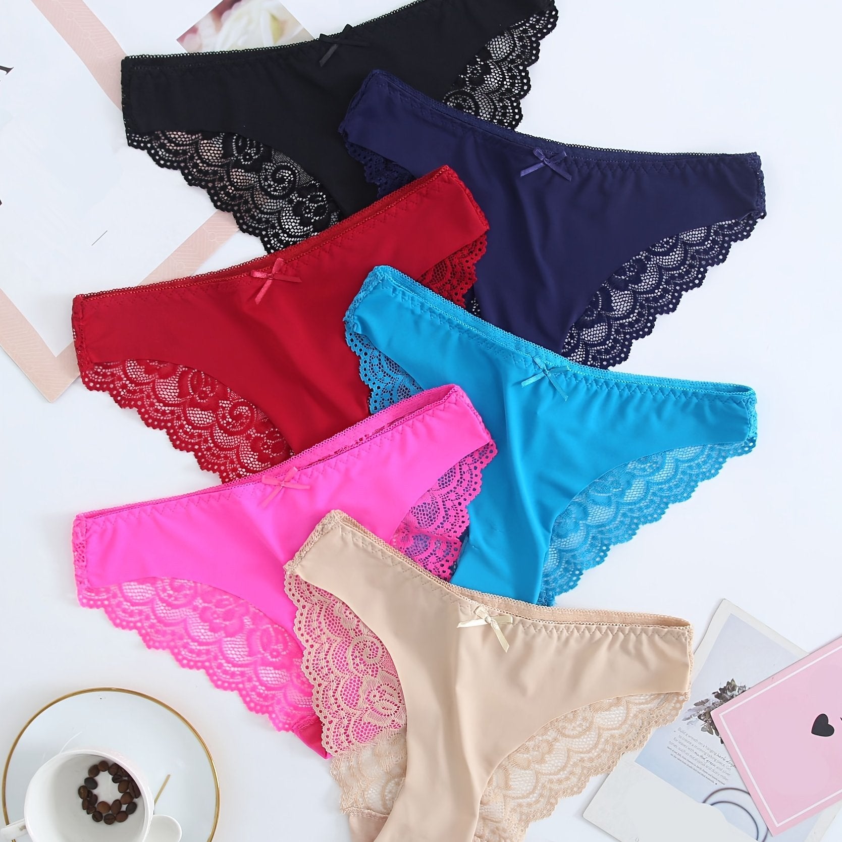 6pcs Mixed Lace Trim Low Waist Panties Pack