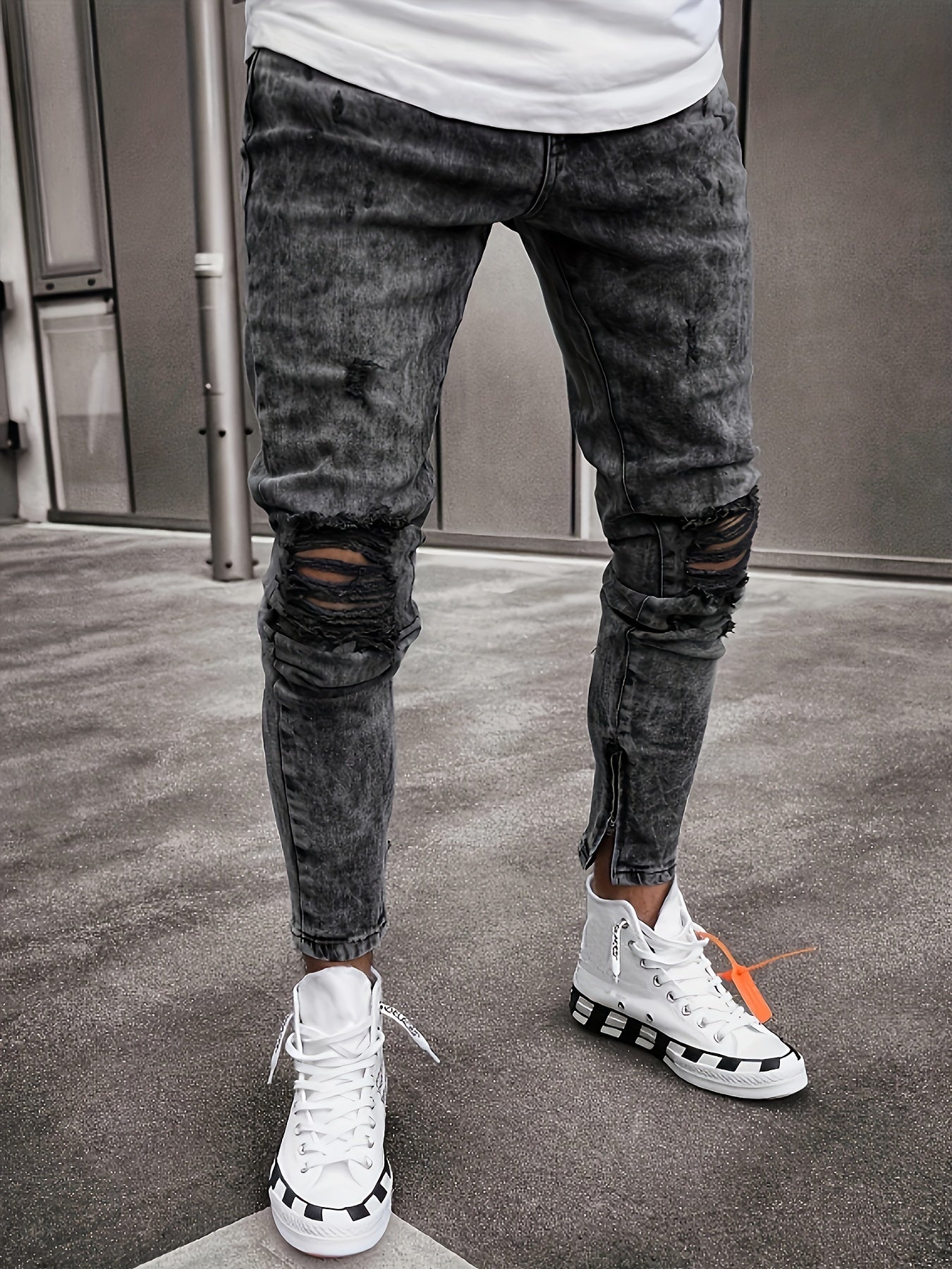 Mens Slim Fit Ripped Jeans, Distressed Stretch Denim Pants