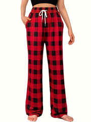 Colorblock Plaid Lounge Pants Drawstring Lace Up Womens Loungewear