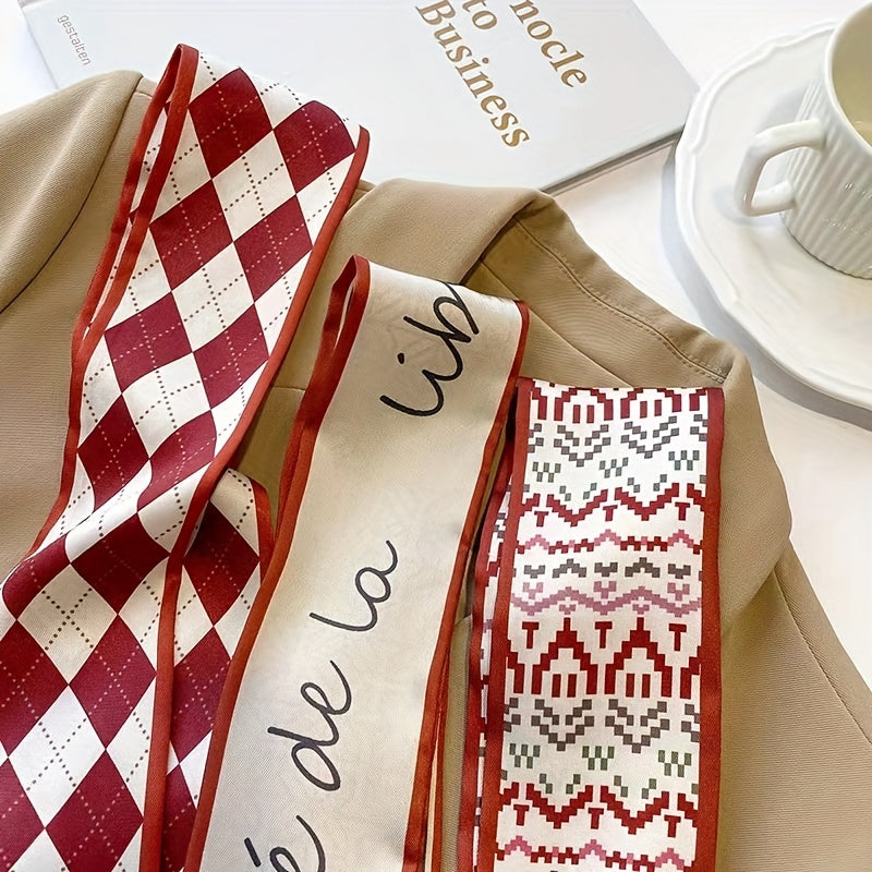 Geometric Print Red Skinny Scarf Silk Hair Ribbon Satin Neckerchief