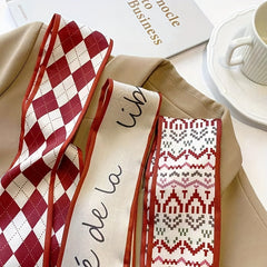 Geometric Print Red Skinny Scarf Silk Hair Ribbon Satin Neckerchief