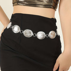 Boho Flower Embossed Waist Chain Oval Western Style Metal Belly Chain Belt