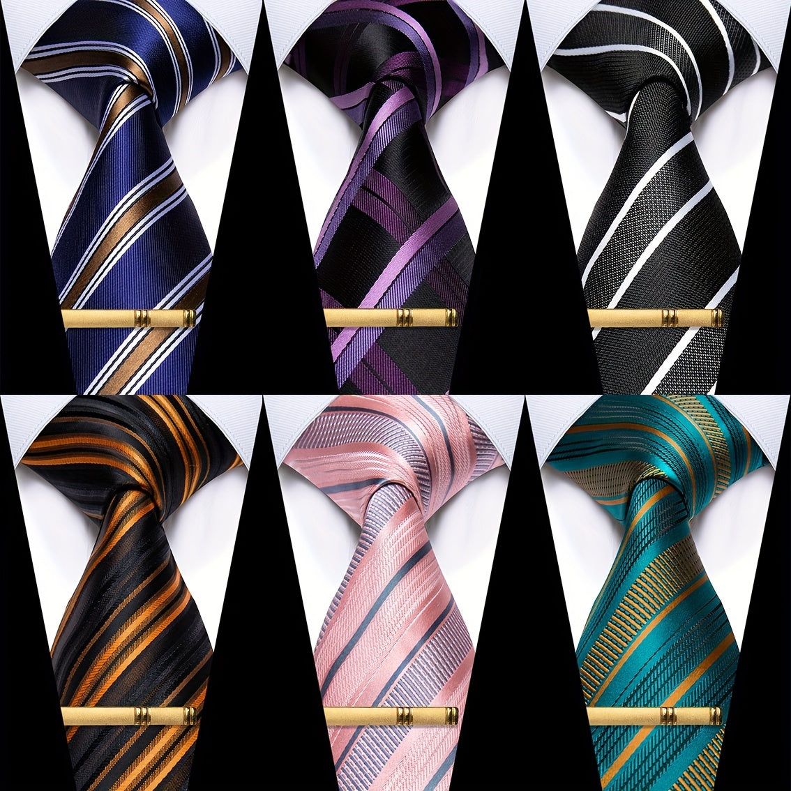 Striped Silk Necktie & Tie Clip Set for Wedding Party