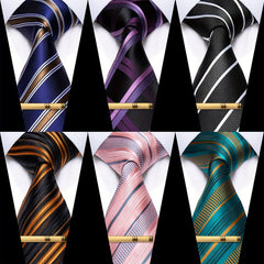 Striped Silk Necktie & Tie Clip Set for Wedding Party