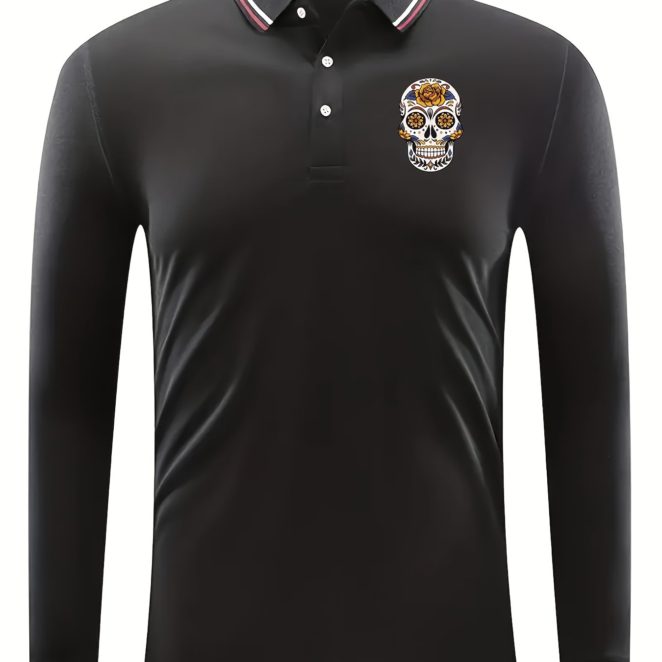 Skull Pattern Men's Long Sleeve Polo Shirt