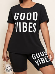 Letter Tee & Shorts Set Women's Plus Medium Stretch 2pcs Outfits