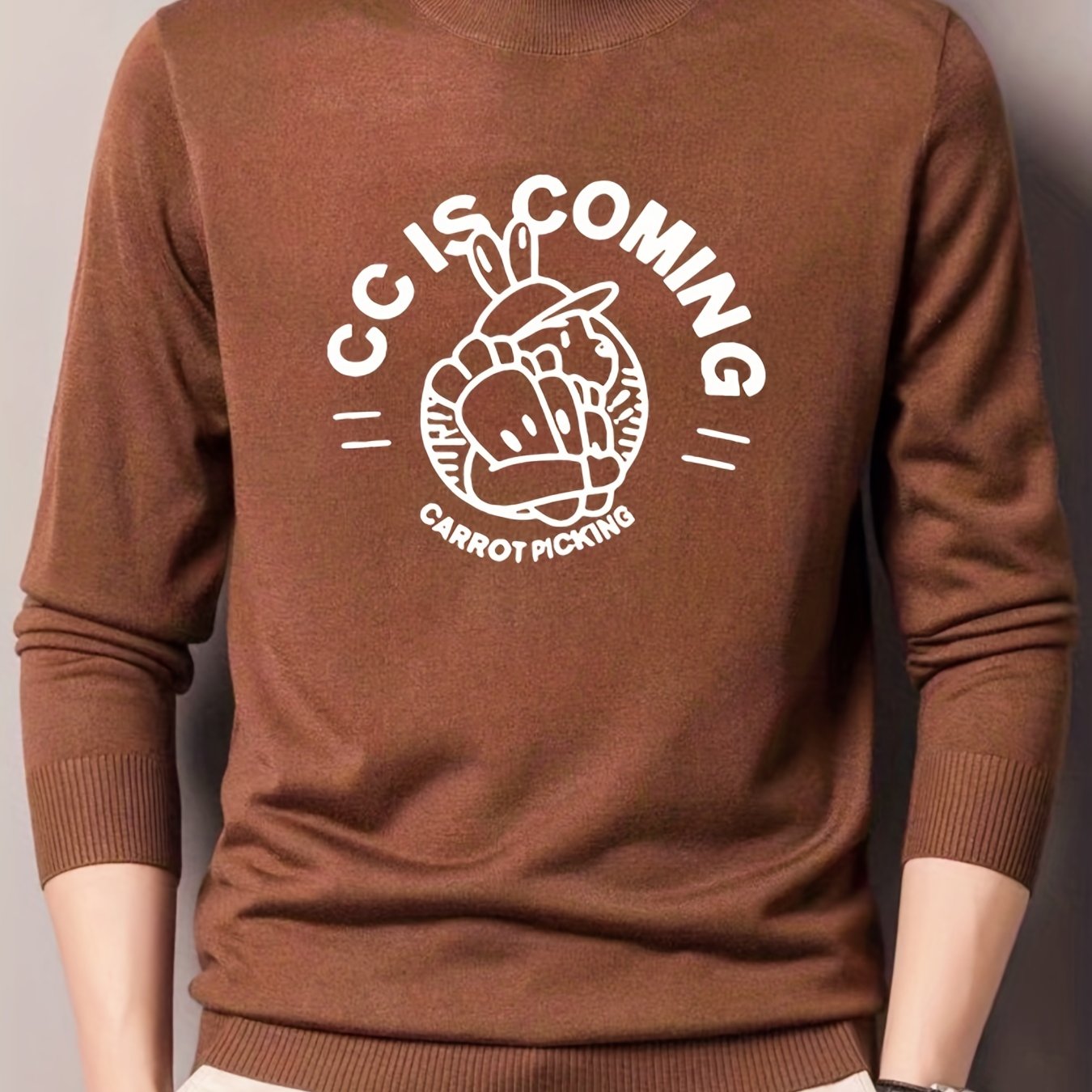 Cartoon Rabbit Print Knit Sweater Men's Crew Neck Pullover