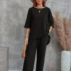 Solid Est Crew Neck 3 4 Sleeve Tops & Wide Leg Pants Outfit Women's Clothing