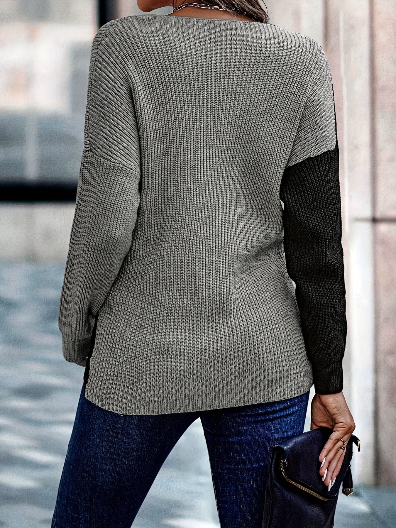 Colorblock Lace V Neck Sweater