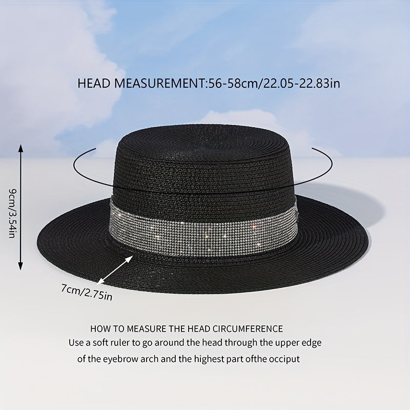 Rhinestone Strap Sun Hat M Label Decor Straw Jazz Hat Flat Top Fedora Cap