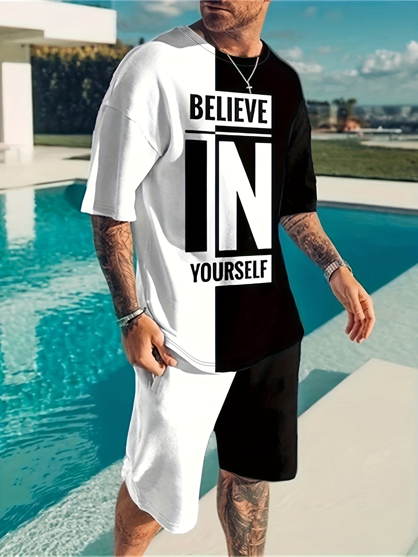 Believe In Yourself Print Men's 2Pcs Outfits Casual Set