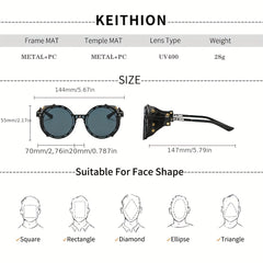 KEITHION Steampunk Round Vintage Sunglasses Leather Side Glasses UV 400