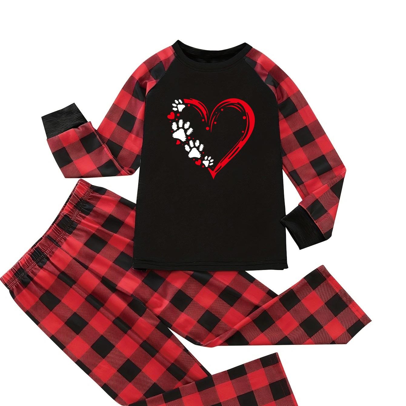 Colorblock Gingham & Heart & Paw Print 2 Piece Pajama Set