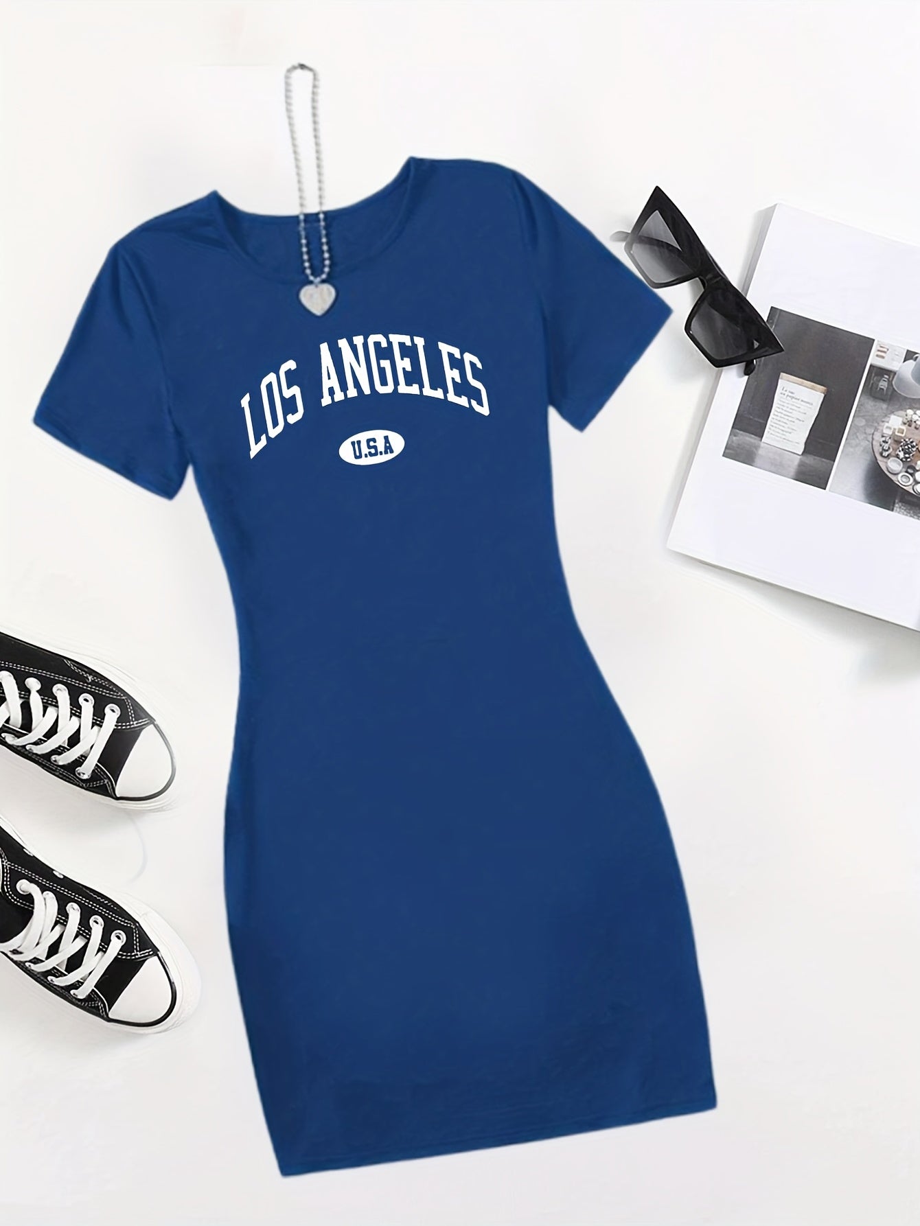 Letter Print Bodycon Dress Crew Neck Short Sleeve Casual Dress
