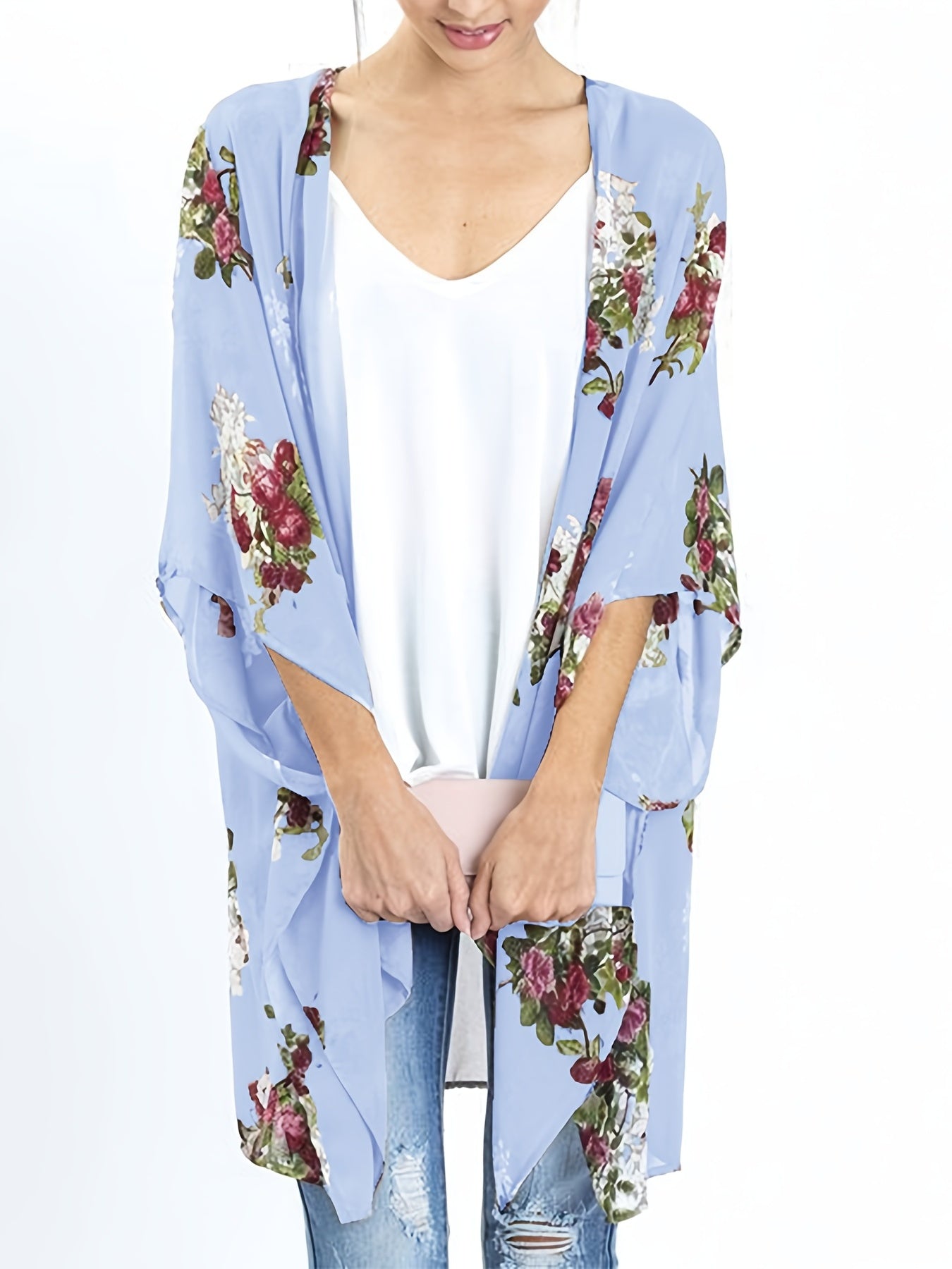 Floral Print Chiffon Blouse Long Sleeve Rash Guard V Neck