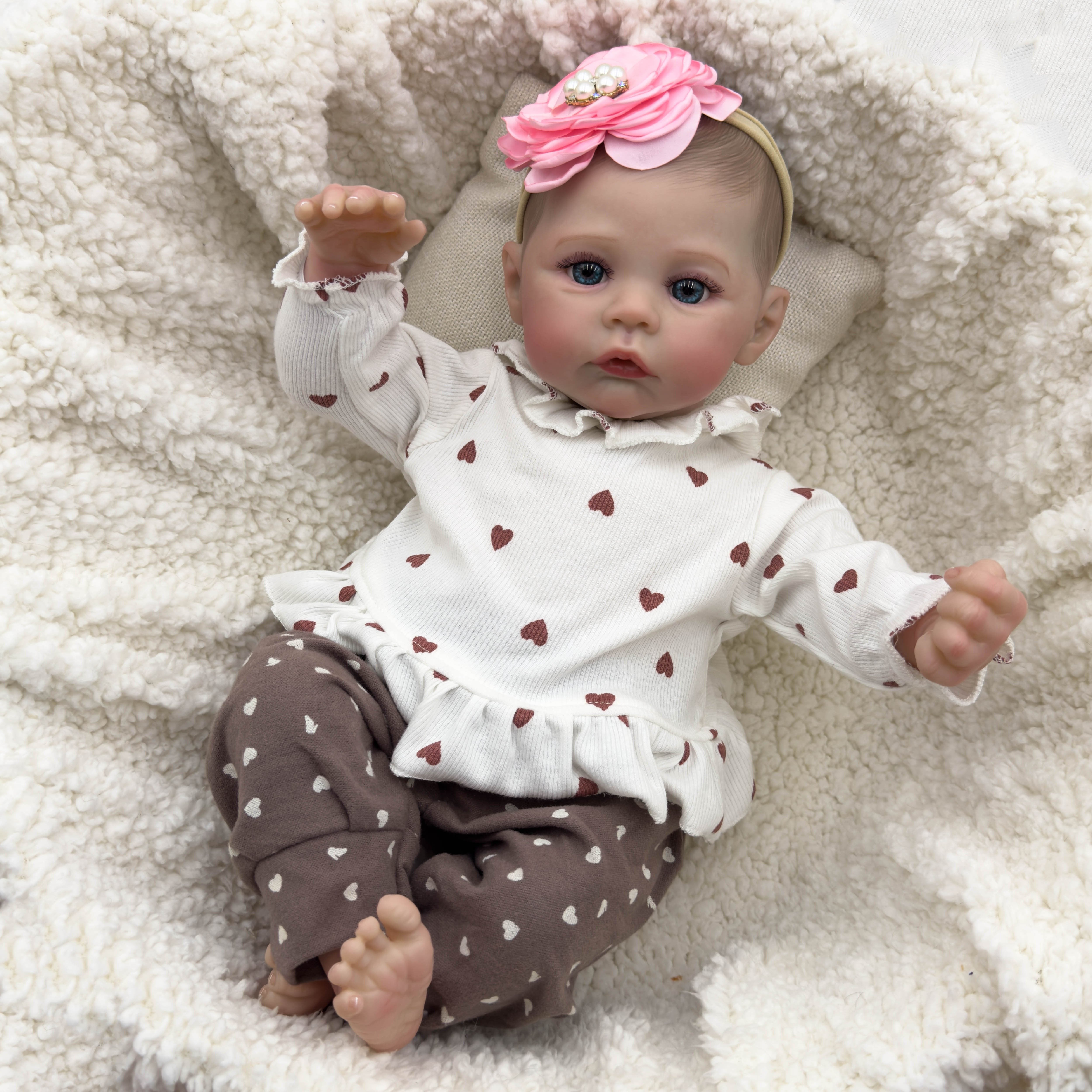 Handcrafted Meadow Anime Doll 45 Reborn Baby Doll in Heart Print Outfit