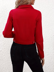 Red Long Sleeves Denim Jacket Slim Fit Single Breasted Button Lapel