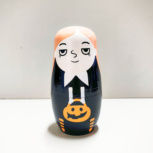 Handcrafted Wooden Nesting Dolls - Orange Halloween Figurine