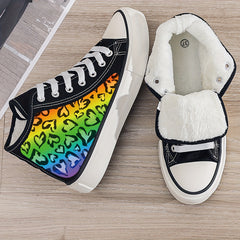 Leopard Heart Print Plush Lined Thermal Chunky Canvas Sneakers