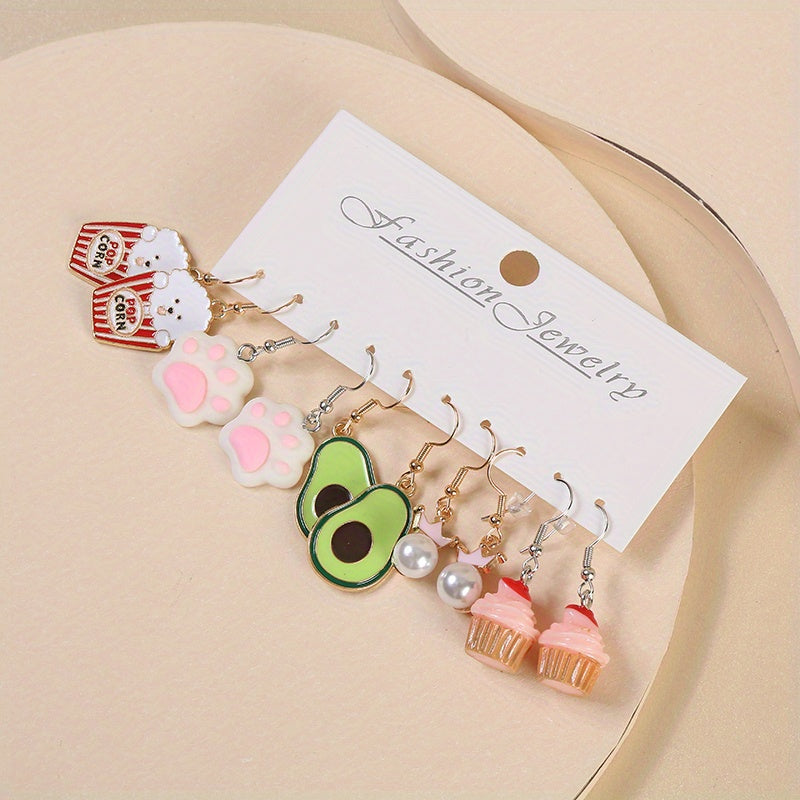 Funny Fruit Ice Cream Earrings Set - 5 Pairs for Girls