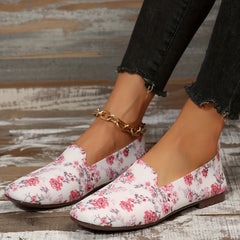 Floral Print Flat Shoes Square Toe Breathable Knit Lightweight Walking Shoes
