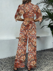 Cashew Floral Print 2pc Set Knot Front Crop Top & Wide Leg Pants