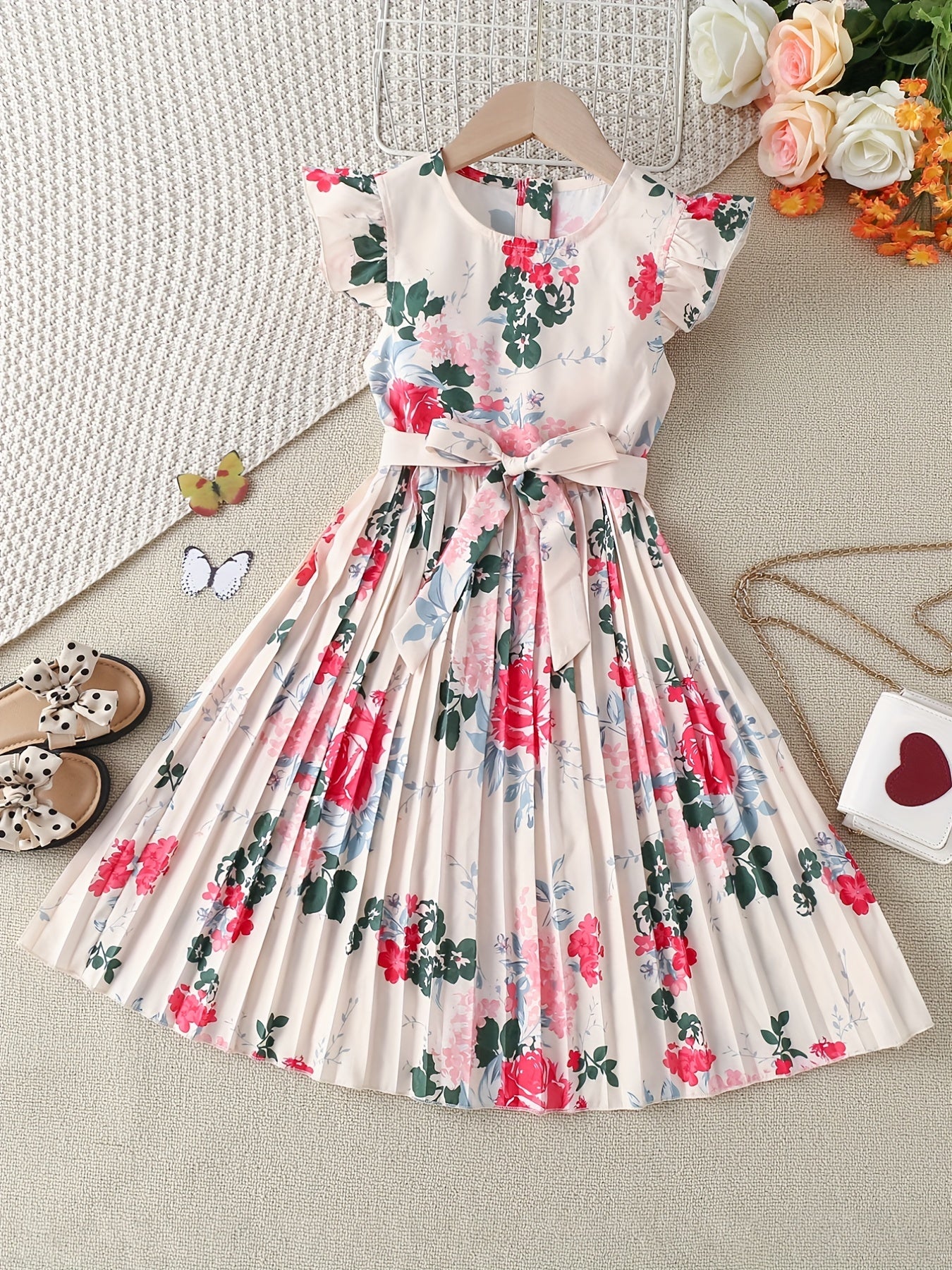 Girls' Boho Floral Pleated Casual Dress Fly Sleeve