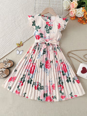 Girls' Boho Floral Pleated Casual Dress Fly Sleeve