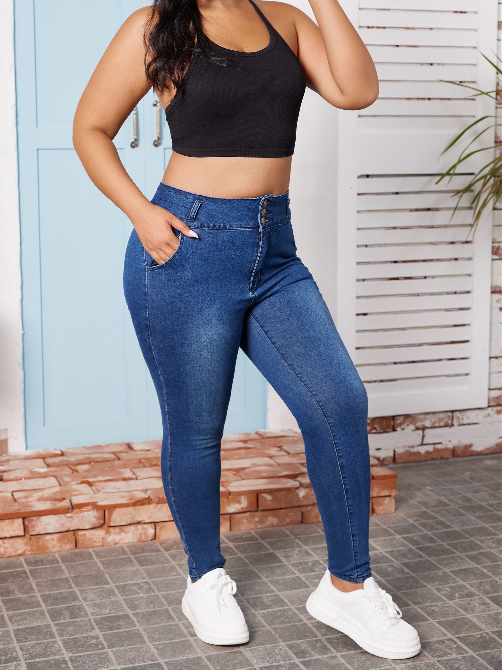 High Waisted Button Fly Stretchy Denim Pants