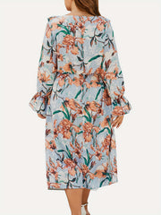 Floral Print Ruffle Sleeve V Neck Dress