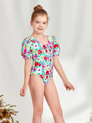 Girls Short Puff Sleeve Flowers Swimsuit Kids Beach Clothes Bathing Suits
