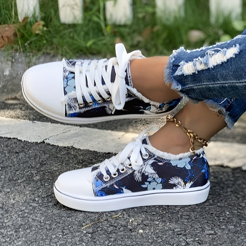 Women's Art Printed Canvas Lace Up Flat Sneakers