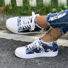 Women's Art Printed Canvas Lace Up Flat Sneakers