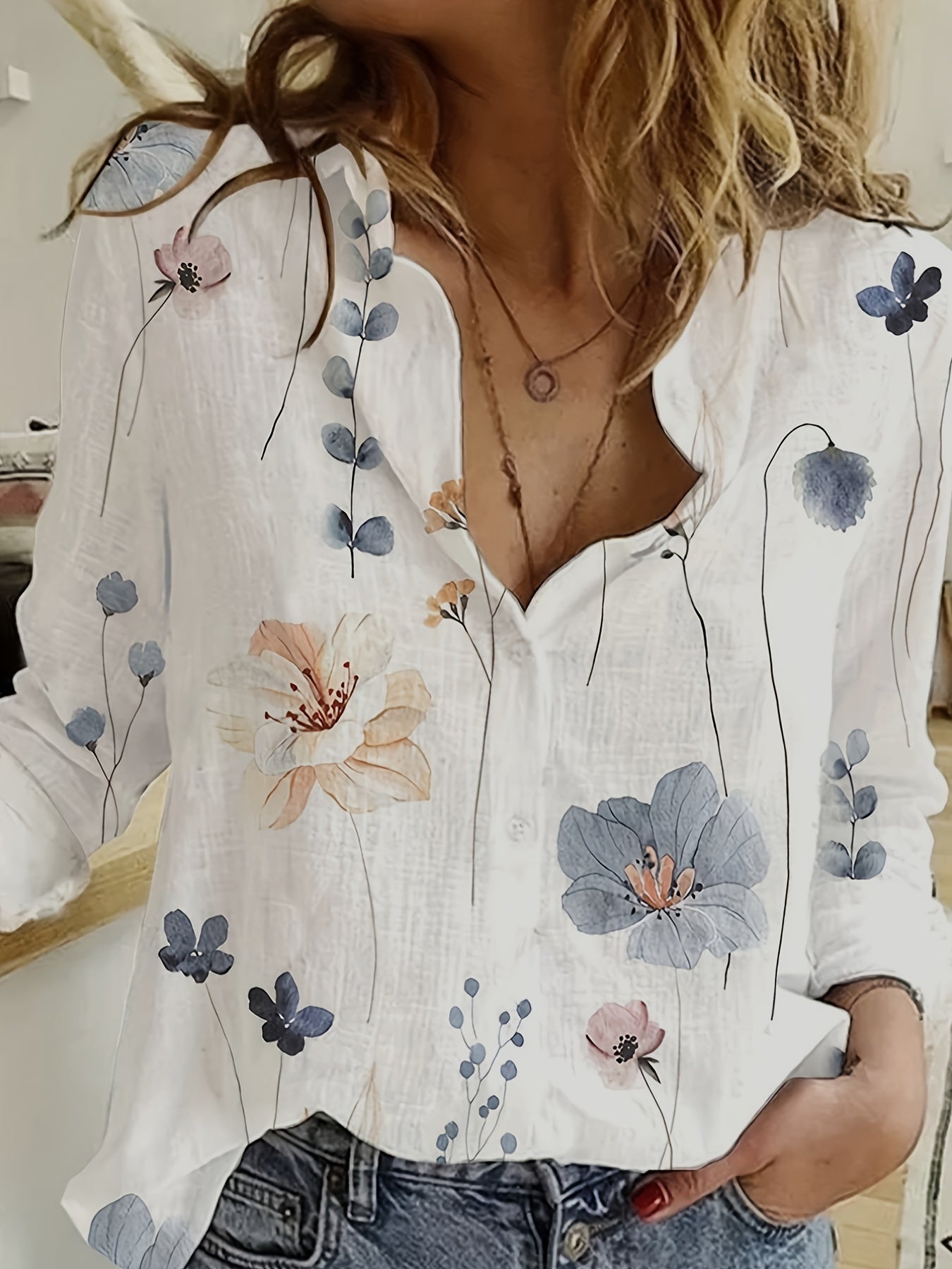 Plus Floral Print Button Up Long Sleeve Blouse