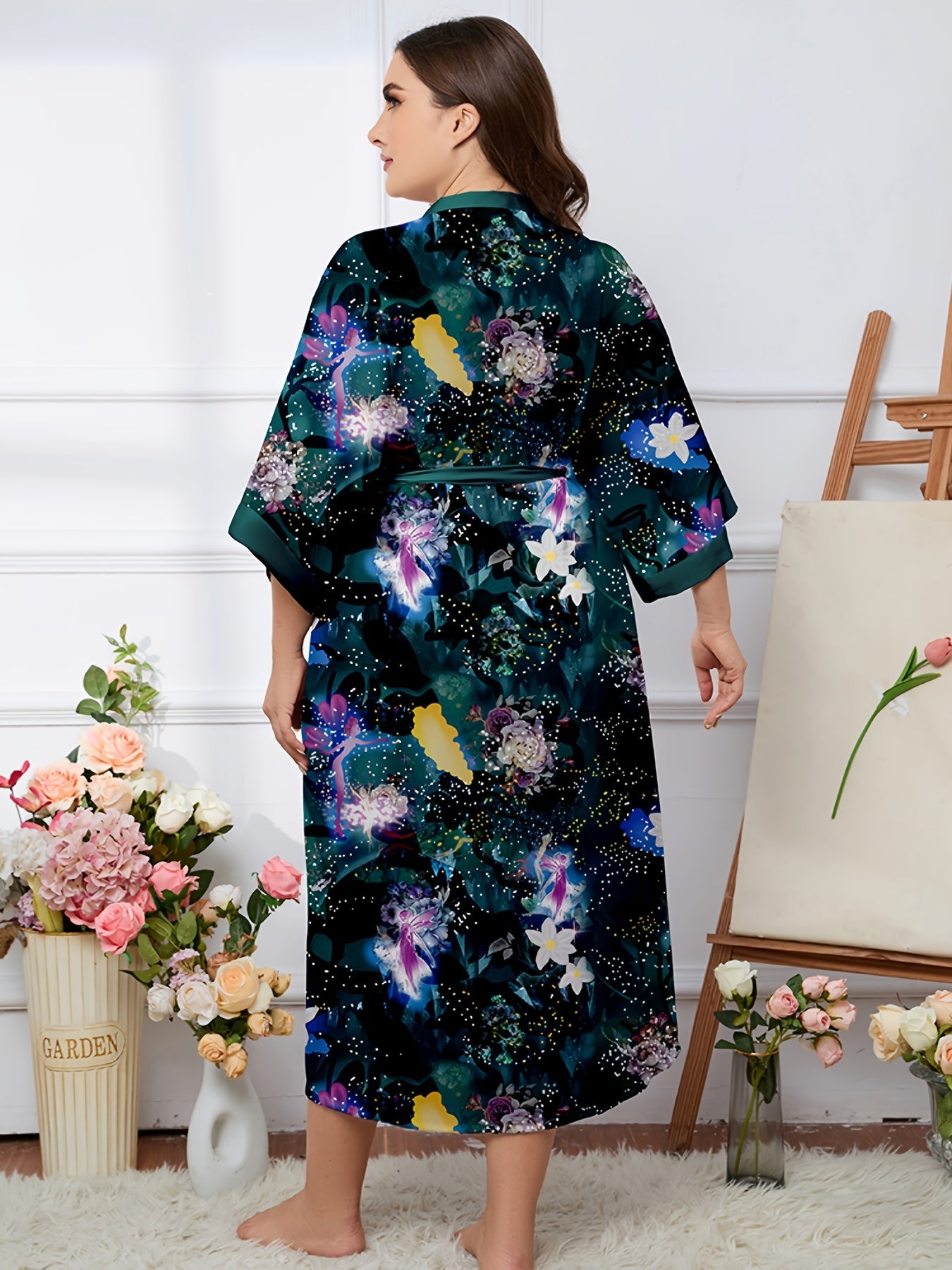 Casual Robe Women's Plus Floral Print Belted V Neck Dressing Gown