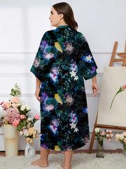 Casual Robe Women's Plus Floral Print Belted V Neck Dressing Gown
