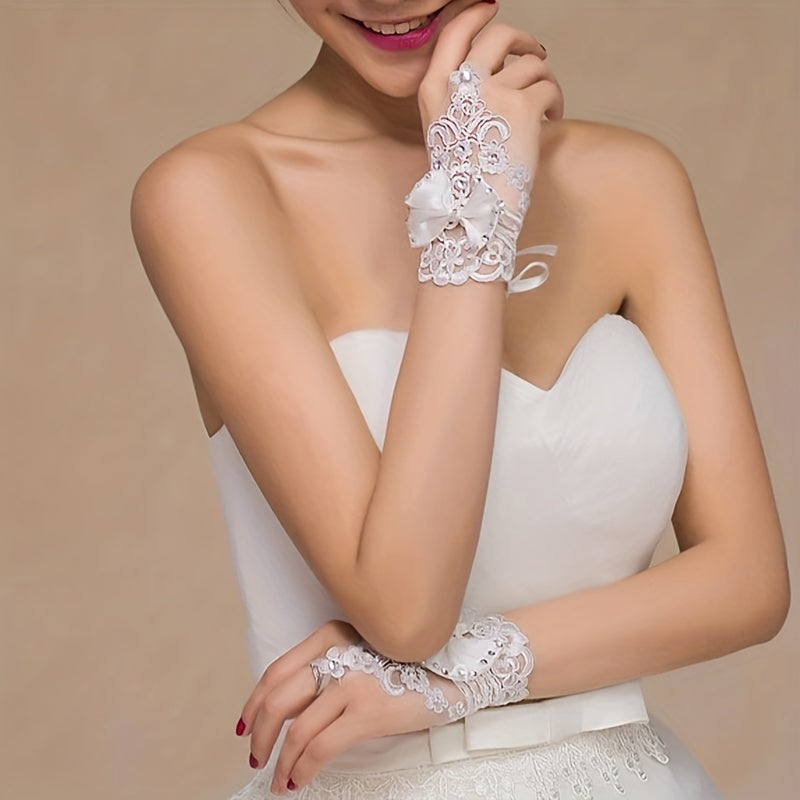 Bow Decor Embroidery Lace Short Gloves Wedding Bridal Fingerless Gloves